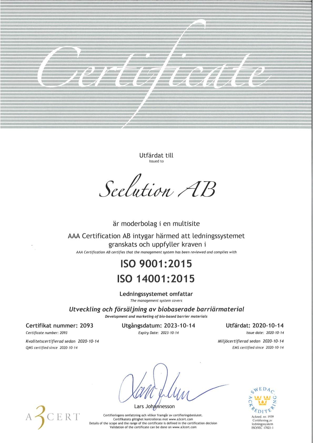 Seelution AB ISO Certificate